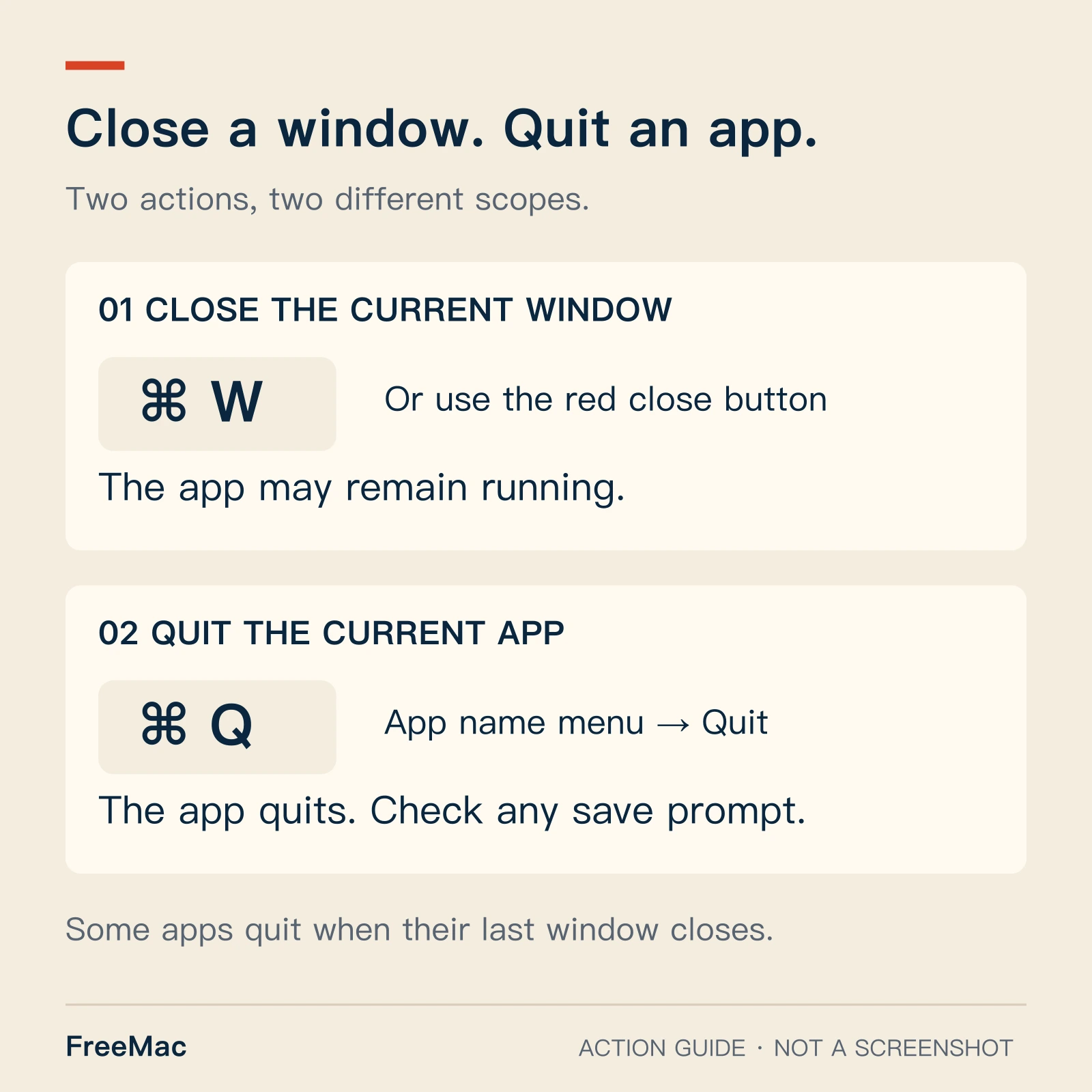 Close versus quit: Command-W closes the current window; Command-Q quits the current app. Some apps also quit when their last window closes.
