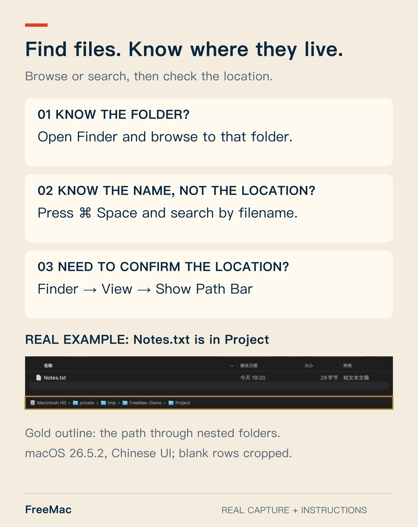 Find files by browsing a known folder in Finder, searching a filename with Command-Space in Spotlight, or checking the Finder path bar. The capture shows a real demonstration folder.