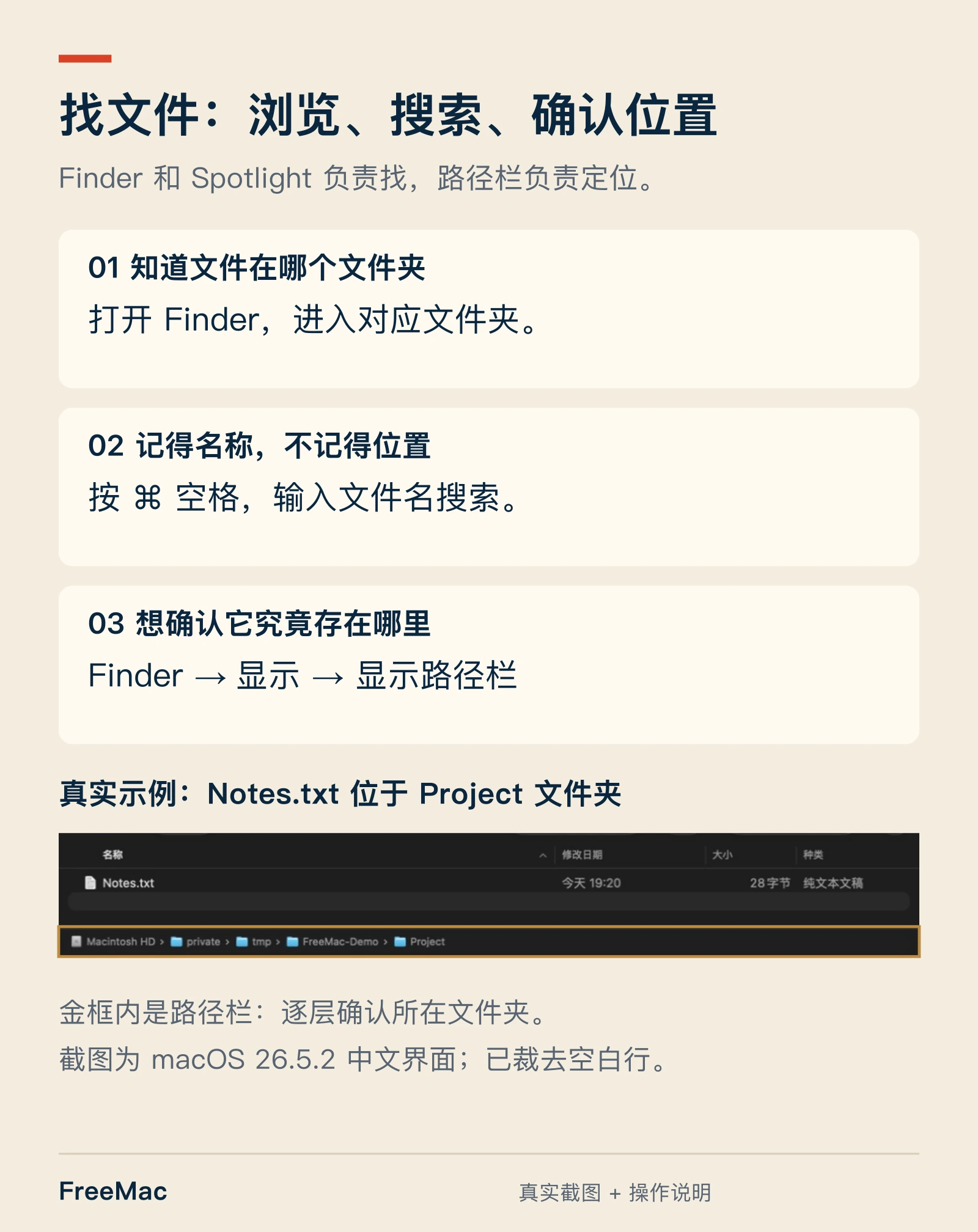 找文件的三种方式:知道文件夹就用 Finder 浏览,记得名称就按 Command-空格使用 Spotlight,确认位置则打开 Finder 路径栏;下方为示例文件的真实路径截图。