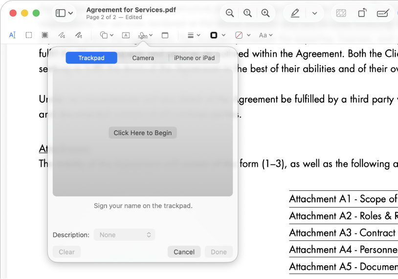 Apple 预览 App 中使用触控板创建 PDF 签名